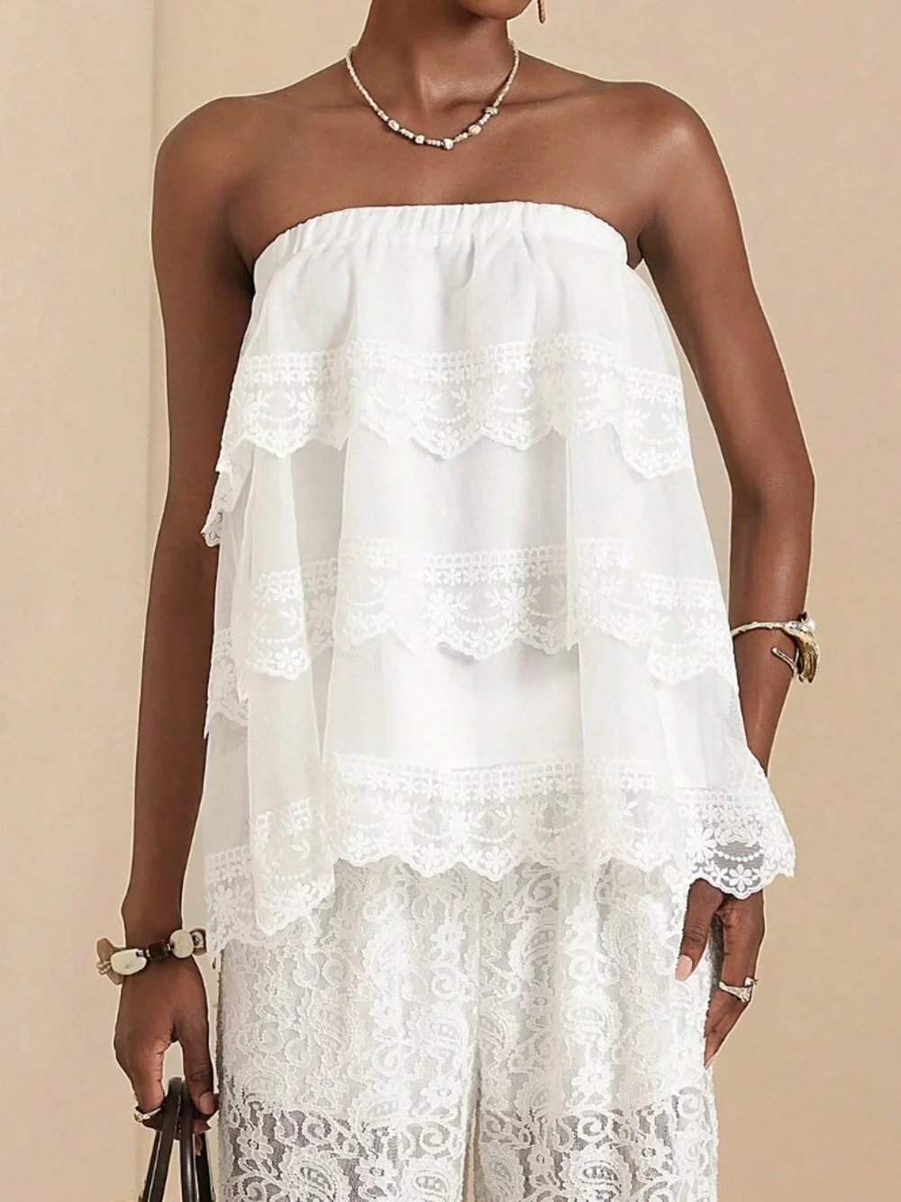 White Boho Women's Lace Trim Bandeau Top